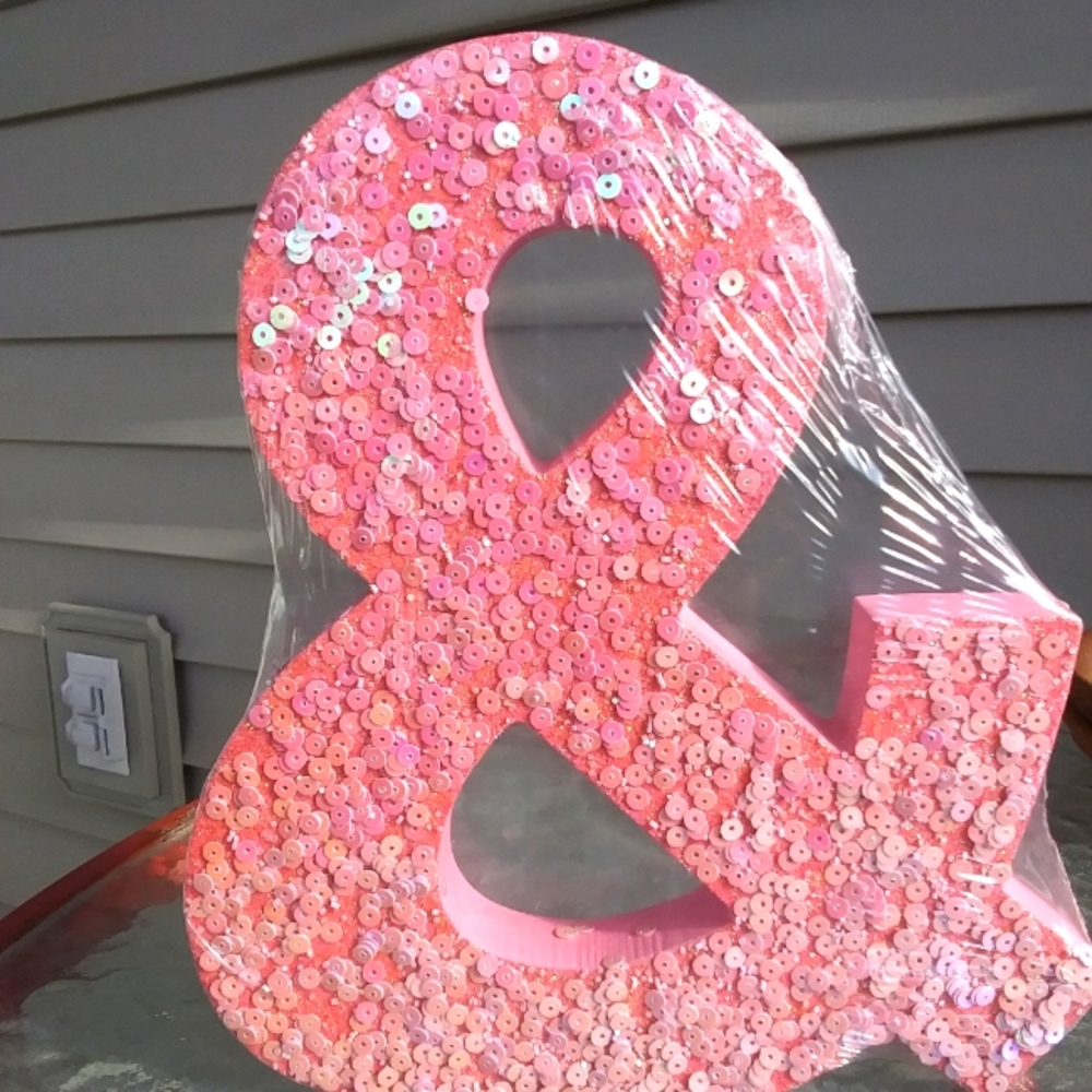 "And" Sign Pink Sequin Wooden Wall Art or Statue